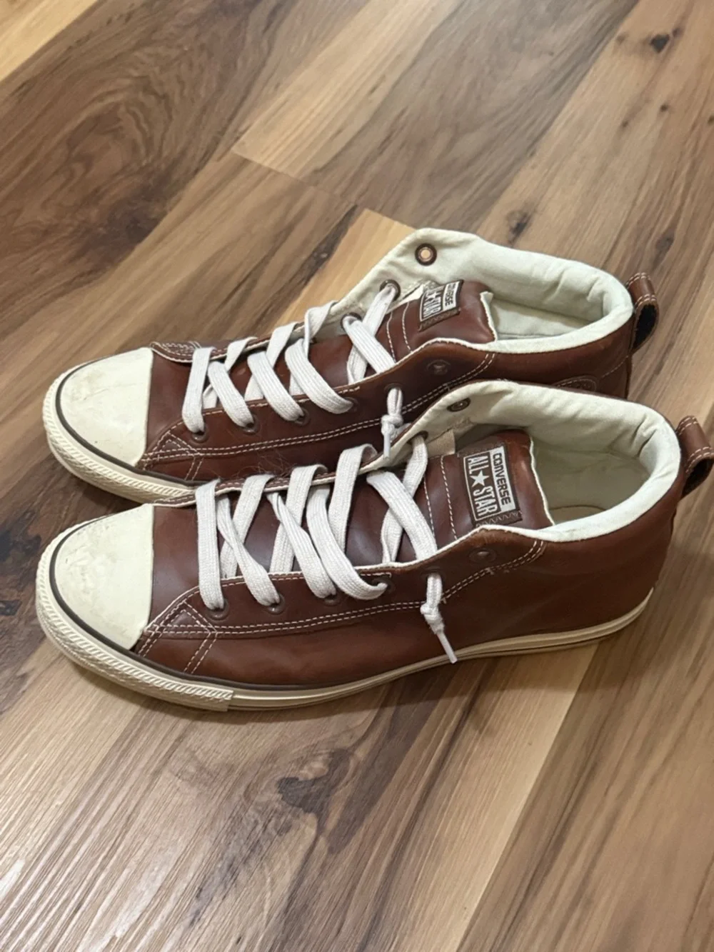 Cool Converse Brown & Cream Leather Mid- Top Sneakers - Picture 2 of 5